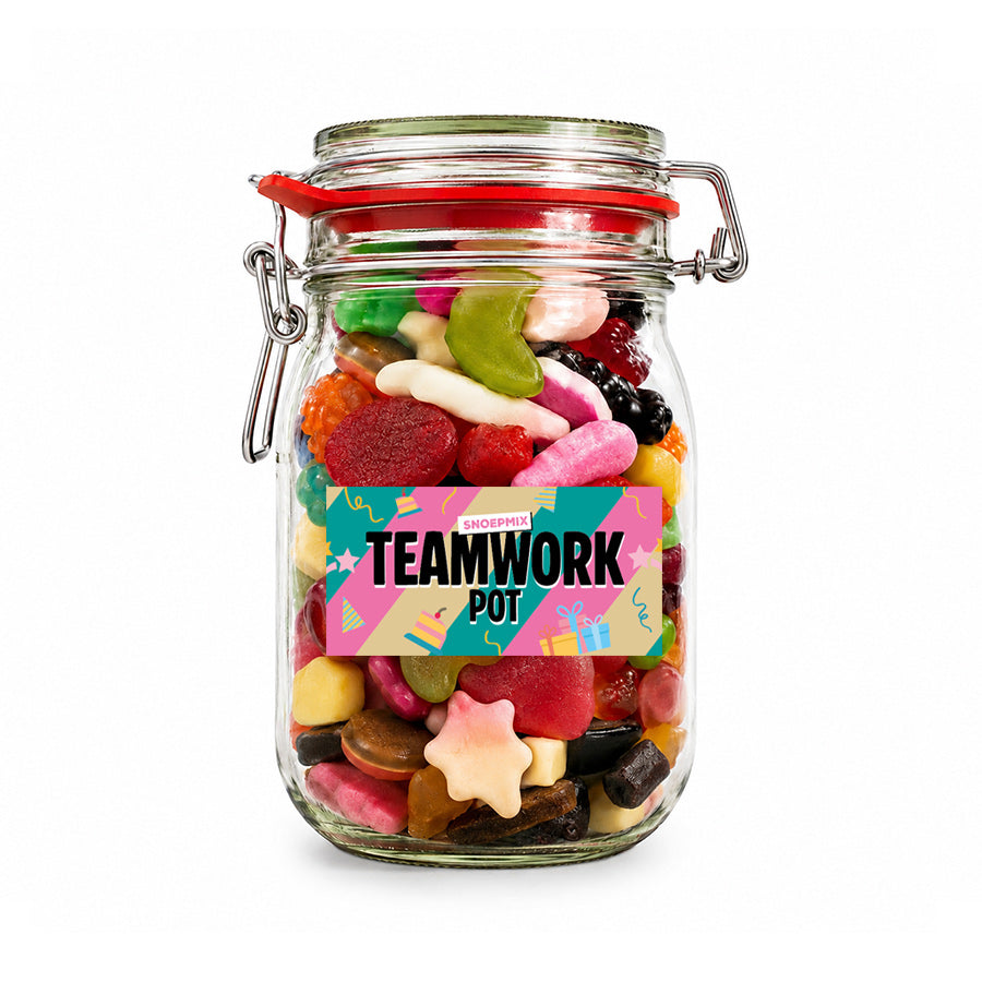 Snoeppot "Teamwork" met mix snoep (weckpot 1000 ml)