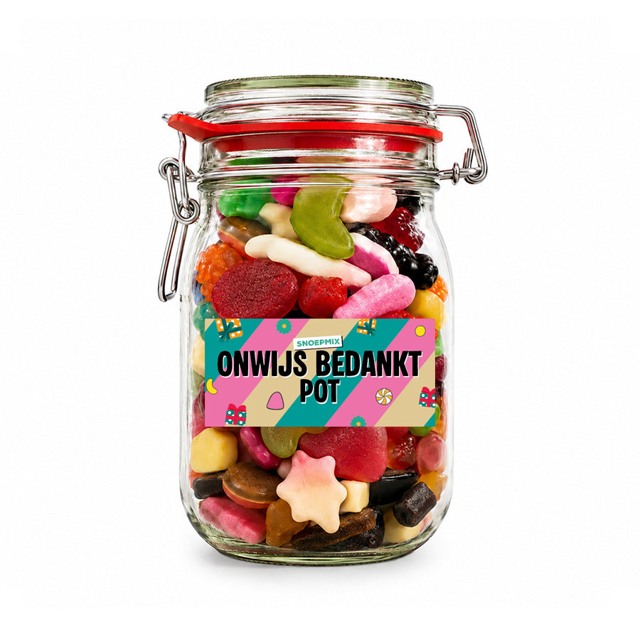 Snoeppot "Onwijs bedankt" met mix snoep (weckpot 1000 ml)