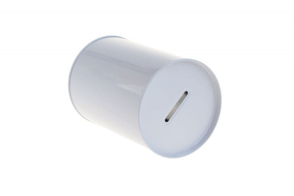 DSR 033 Witte metalen spaarpot Ø85x120 mm – strak en effectief promotieartikel