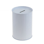 DSR 033 Witte metalen spaarpot Ø85x120 mm – strak en effectief promotieartikel