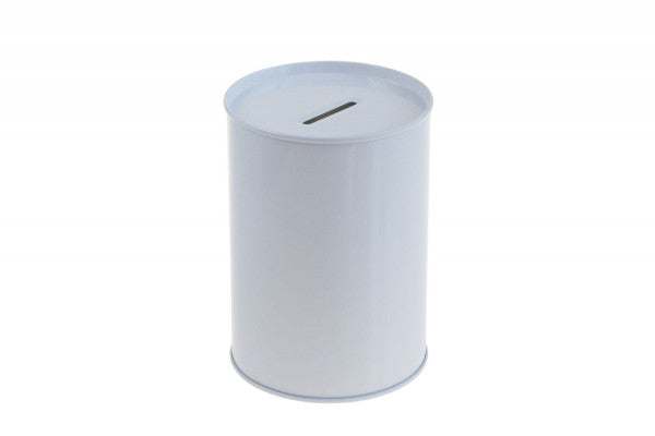DSR 033 Witte metalen spaarpot Ø85x120 mm – strak en effectief promotieartikel