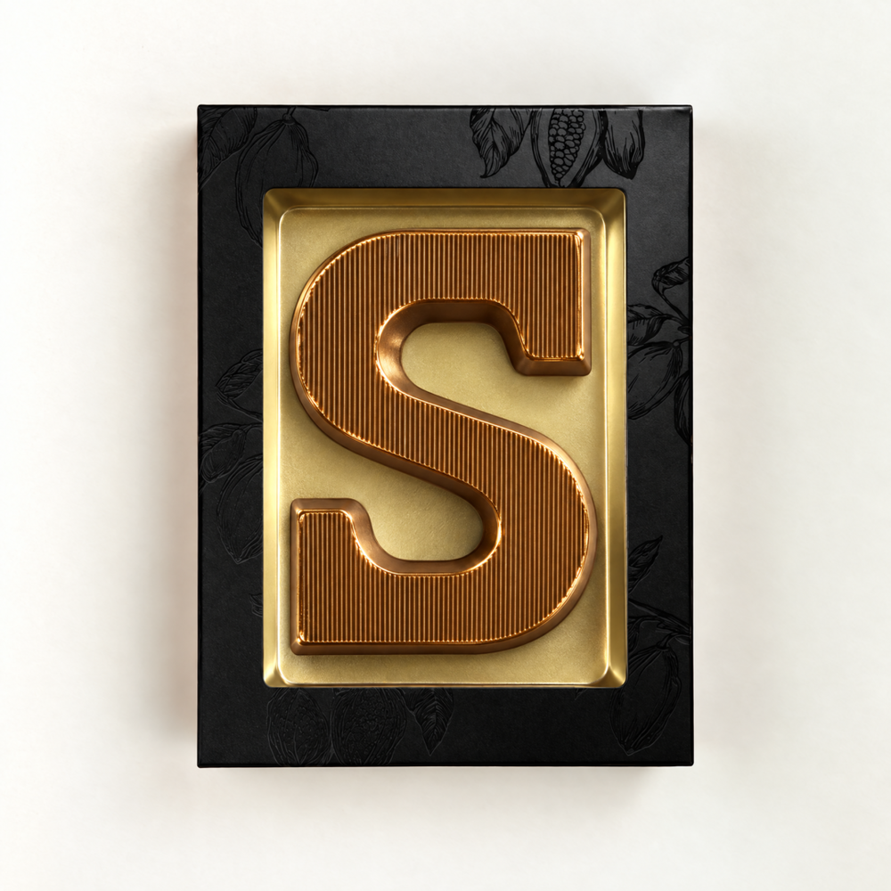 Bronzen chocoladeletter S van 80 gram melkchocolade in vensterdoos