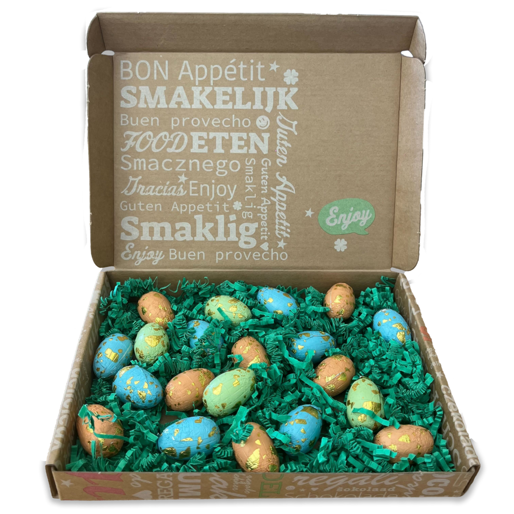 Gekleurde chocolade paaseitjes, uitvoering paaseitjes in verzenddoos, 150 gram