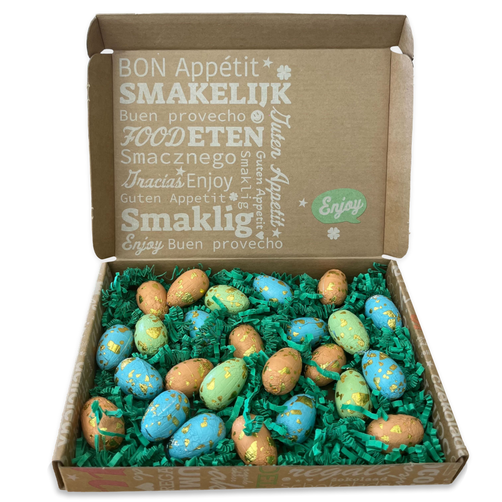 Gekleurde chocolade paaseitjes, uitvoering paaseitjes in verzenddoos, 250 gram