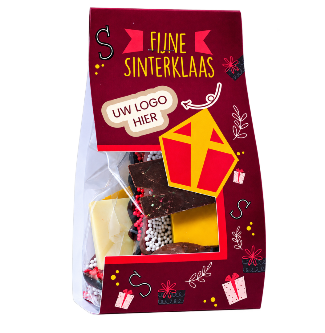 Zakje Sintchocolade, uitvoering kopkaartje met logo