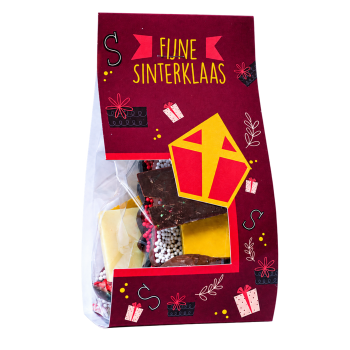 Zakje Sintchocolade (100 gram) met kopkaartje, met of zonder logo