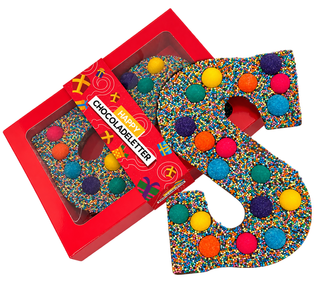 Chocoladeletter S 250 gram, uitvoering bont