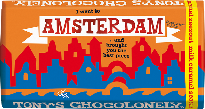Tony's Chocolonely cadeaureep Amsterdam (melk karamel zeezout), doos van 15 repen