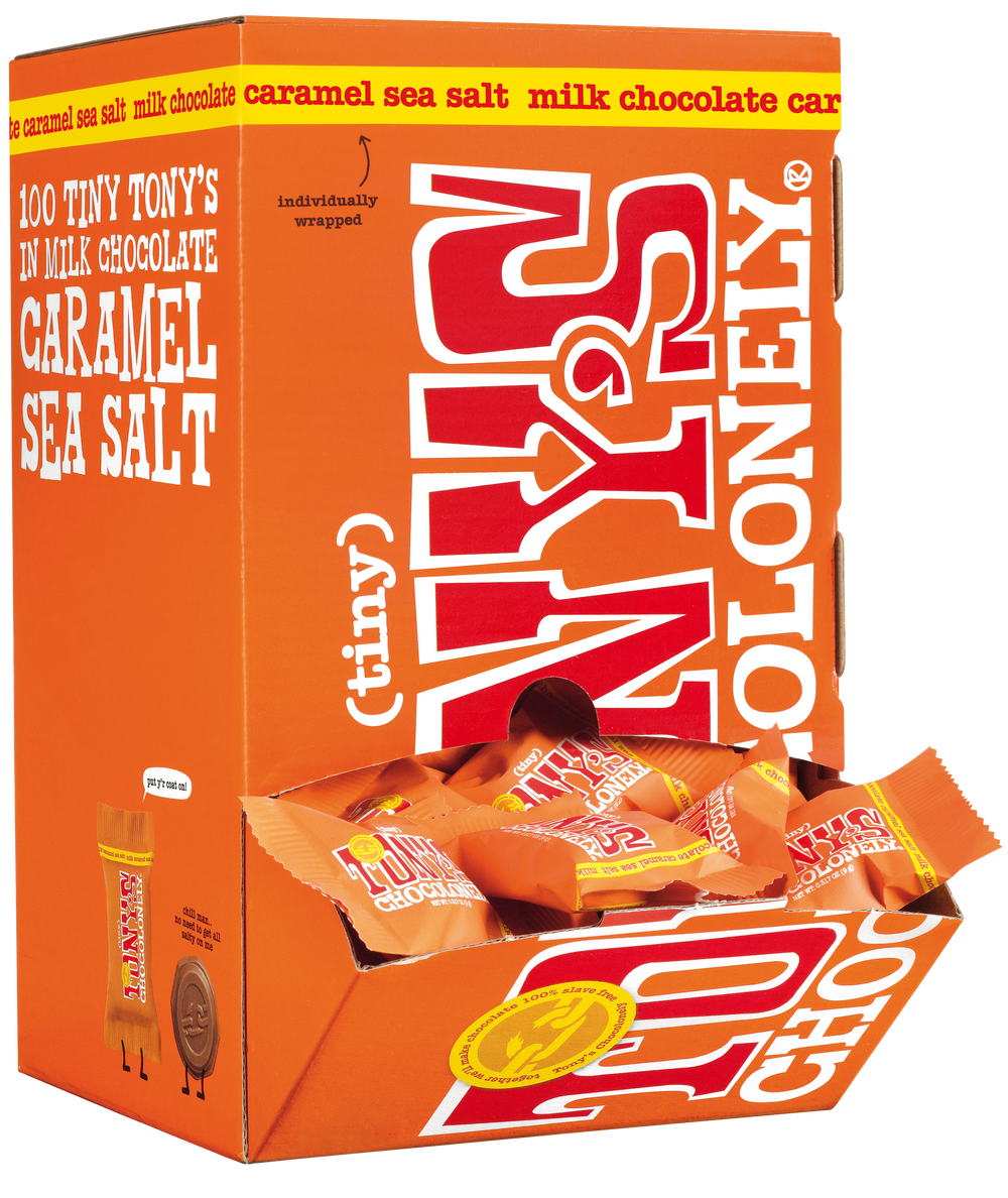 Tiny Tony's melk karamel zeezout, geopende verpakking