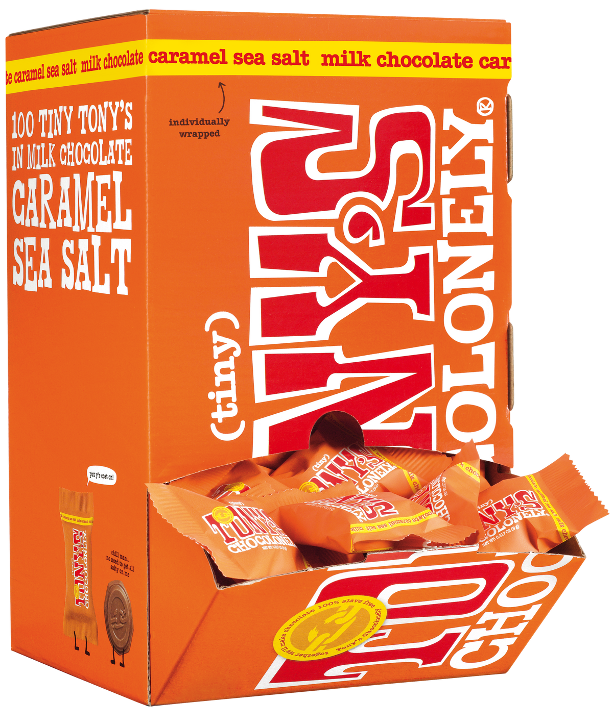 Tiny Tony's melk karamel zeezout, geopende verpakking
