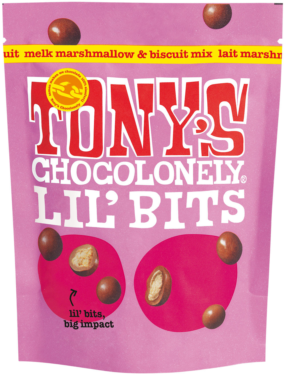 Tony's Chocolonely Lil' Bits melk marshmallow en biscuit, voorkant van de verpakking