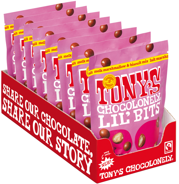 Tony's Chocolonely Lil' Bits melk marshmallow en biscuit (150 gram), doos van 8 zakjes