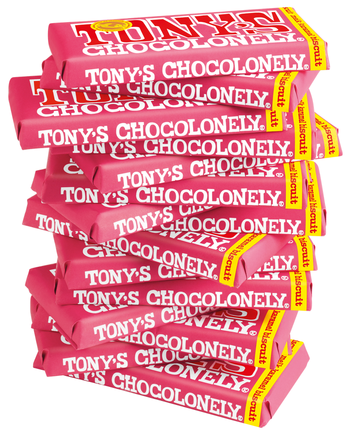 Tony's Chocolonely reep melk karamel biscuit (180 gram), doos van 15 repen