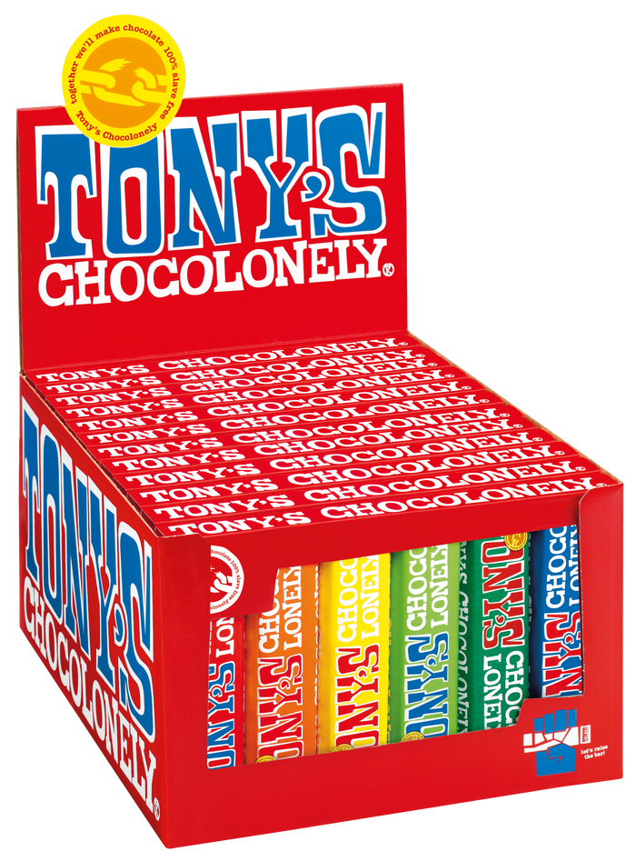 Tony's Chocolonely proeverijtje (6 reepjes), doos van 12