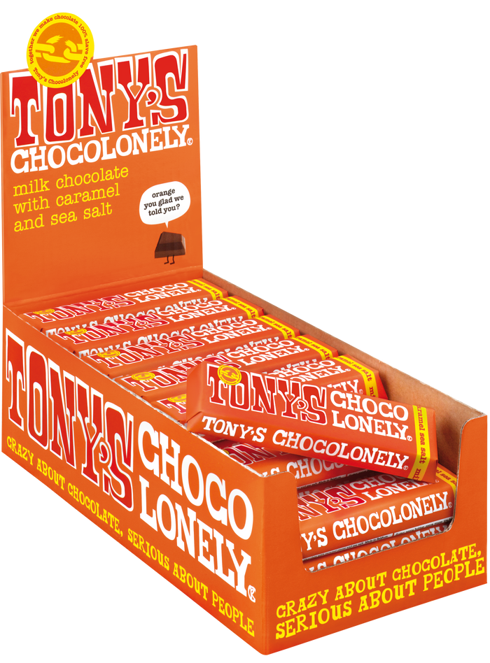Tony's Chocolonely reepje melk karamel zeezout (47 gram), doos van 35