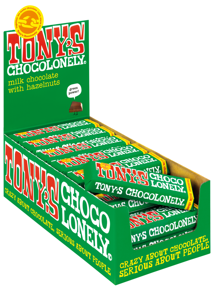 Tony's Chocolonely reepje melk hazelnoot (47 gram), doos van 35