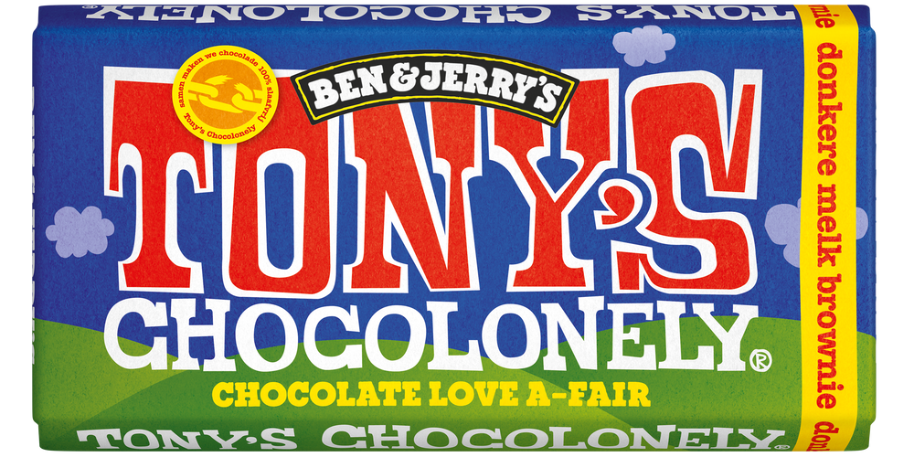 Tony's Chocolonely reep donkere melk brownie, voorkant van de verpakking