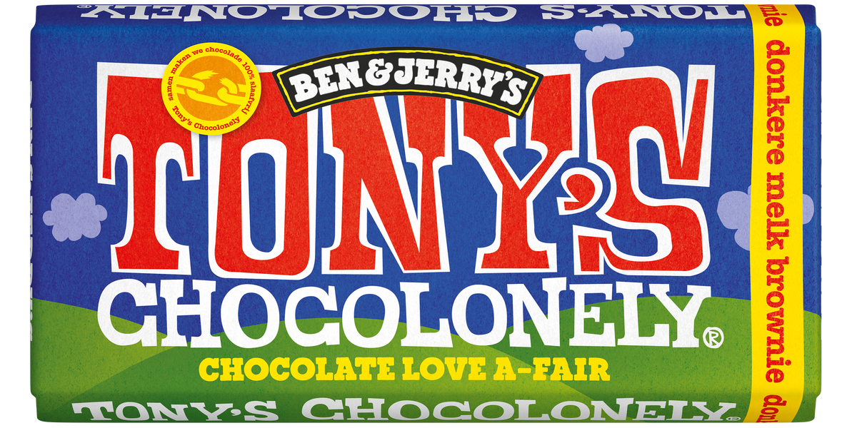 Tony's Chocolonely reep donkere melk brownie, voorkant van de verpakking
