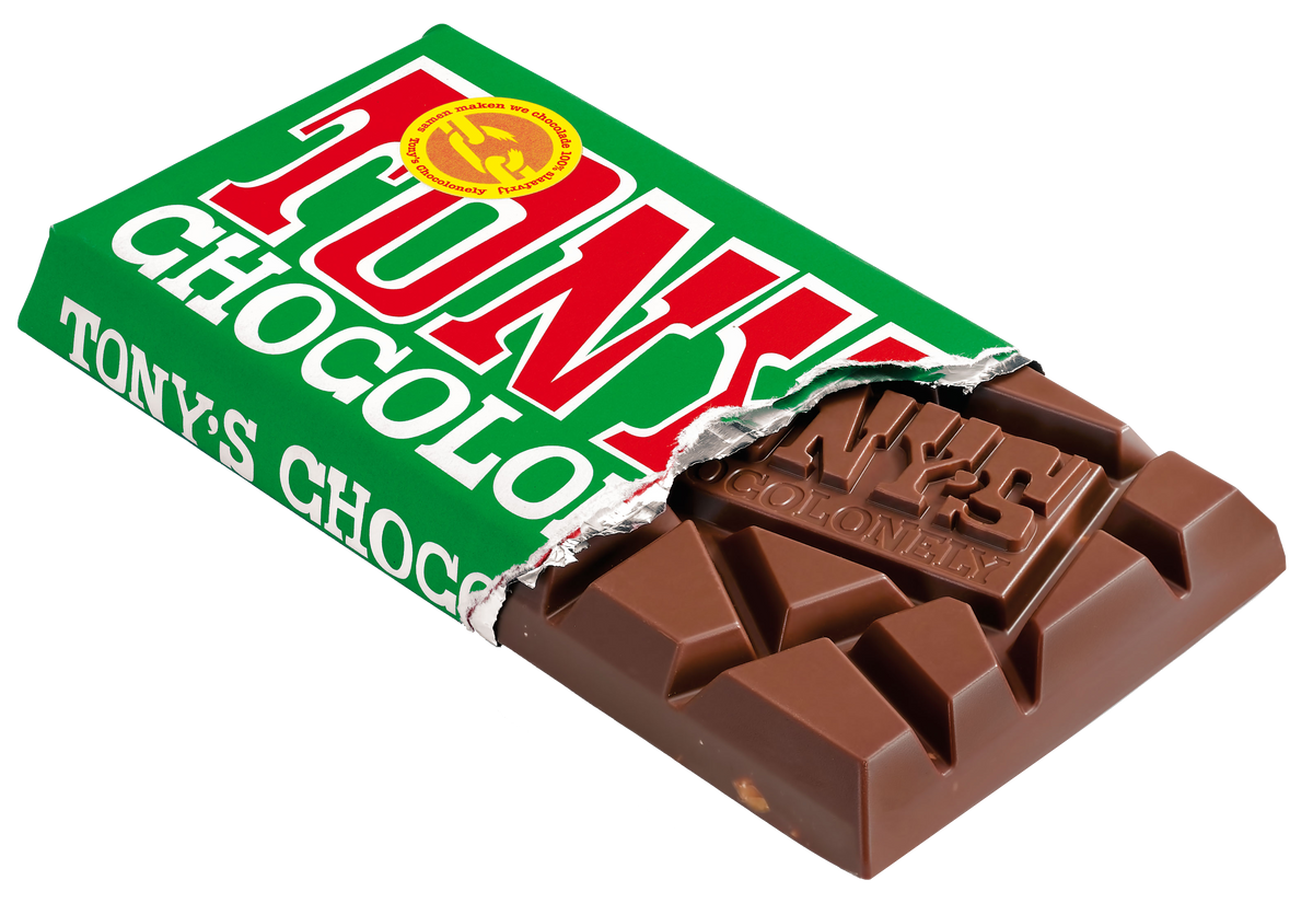 Tony's Chocolonely reep melk hazelnoot, geopende verpakking