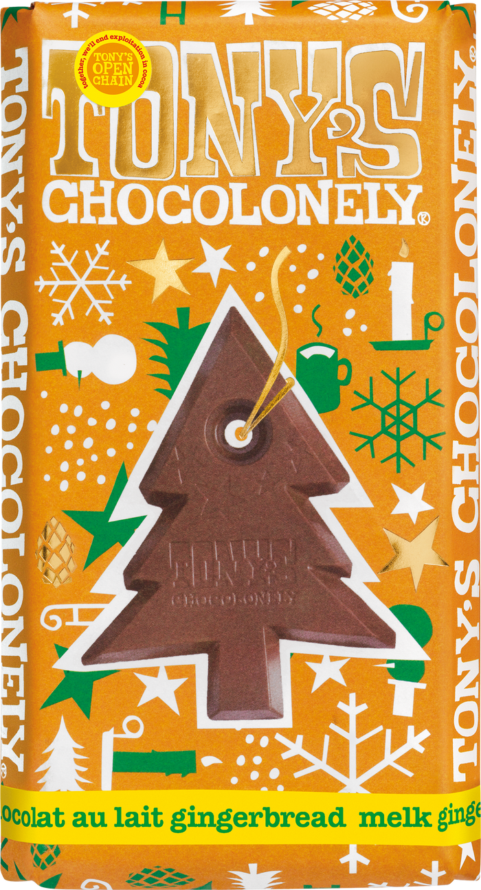 Tony's Chocolonely kerstreep melk gemberkoekje, doos van 15 repen