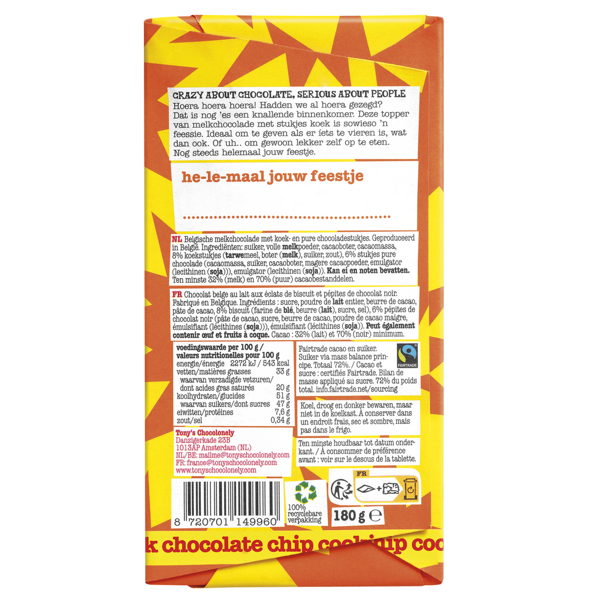 Achterkant van de verpakking van Tony's Chocolonely cadeaureep Gefeliciteerd