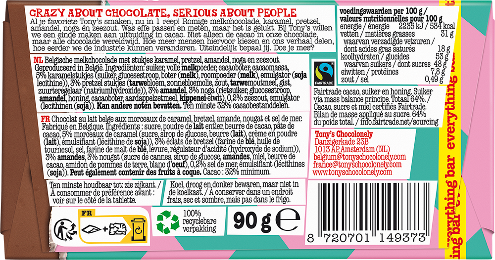 Achterkant van de verpakking van Tony's Chocolonely reep melk everything bar