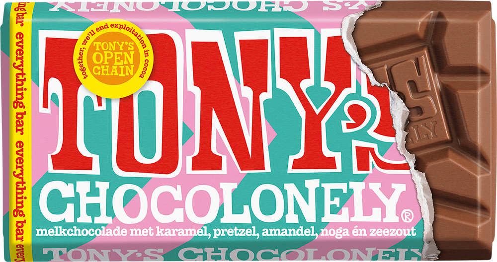 Tony's Chocolonely reep melk everything bar, voorkant van de verpakking