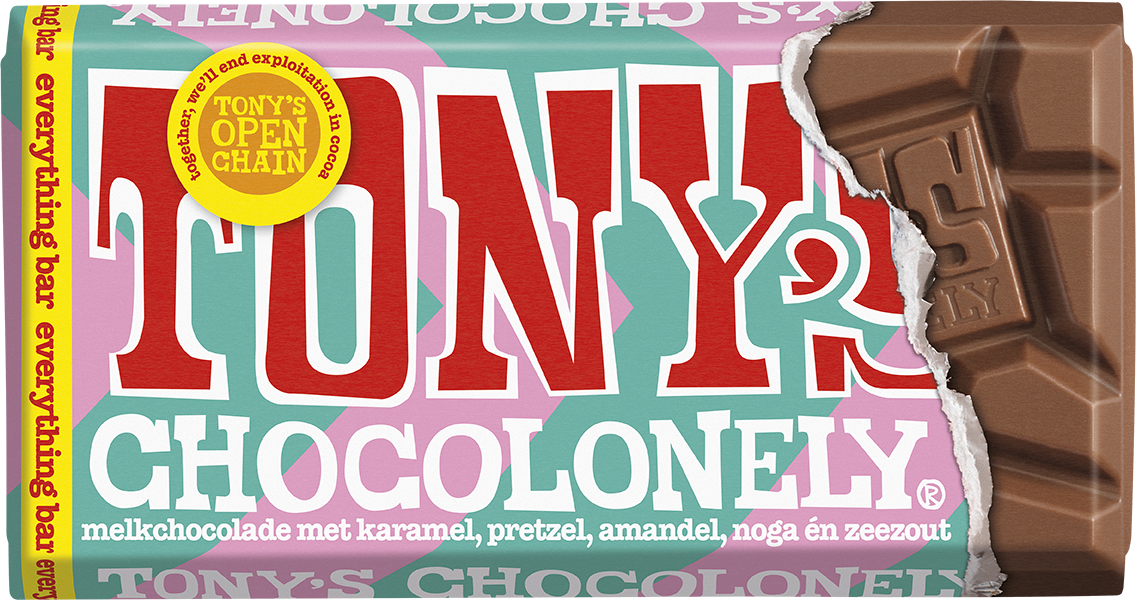 Tony's Chocolonely reep melk everything bar, voorkant van de verpakking