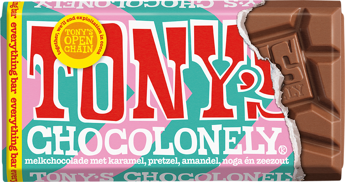 Tony's Chocolonely reep melk everything bar (90 gram), doos van 21 repen