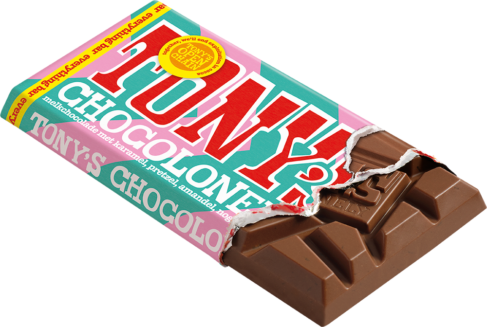 Tony's Chocolonely reep melk everything bar, geopende verpakking