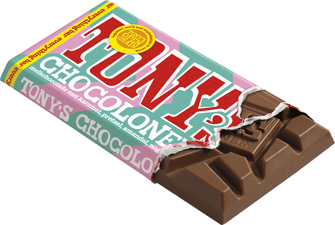 Tony's Chocolonely reep melk everything bar, geopende verpakking