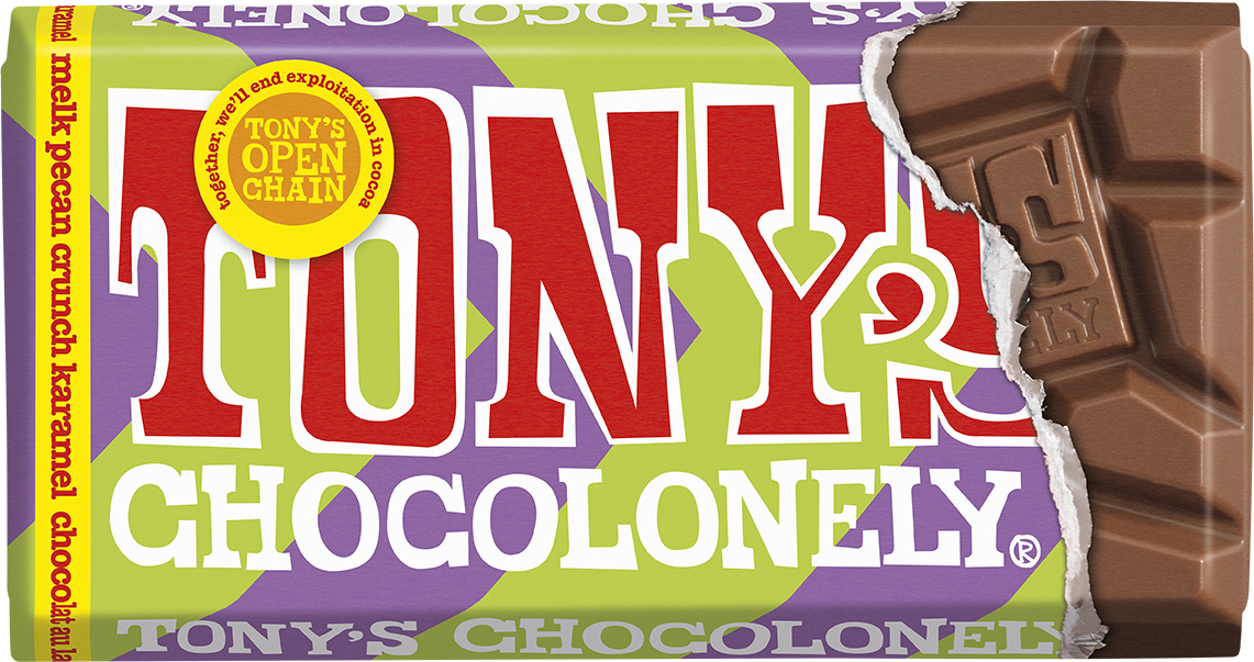 Tony's Chocolonely reep melk karamel pecan crunch, voorkant van de verpakking