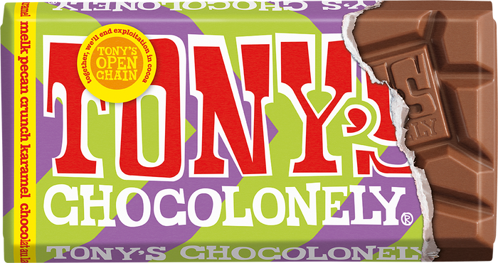 Tony's Chocolonely reep melk karamel pecan crunch (90 gram), doos van 21 repen
