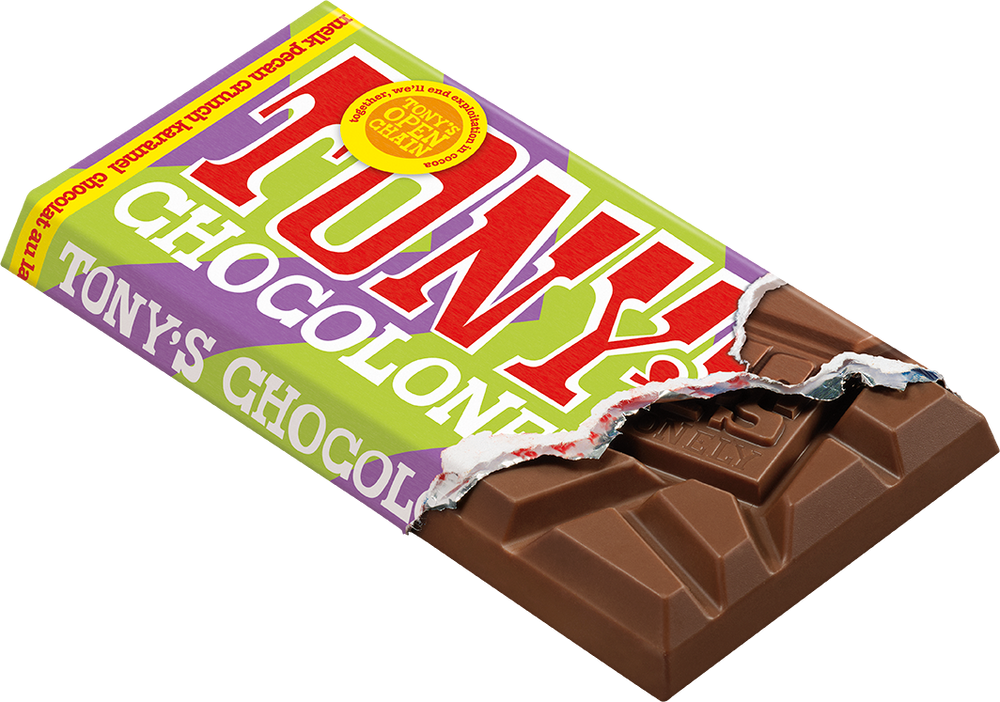 Tony's Chocolonely reep melk karamel pecan crunch, geopende verpakking