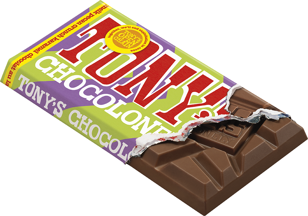 Tony's Chocolonely reep melk karamel pecan crunch, geopende verpakking