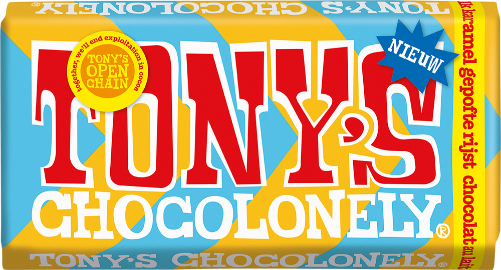 Tony's Chocolonely reep melk karamel gepofte rijst, voorkant van de verpakking