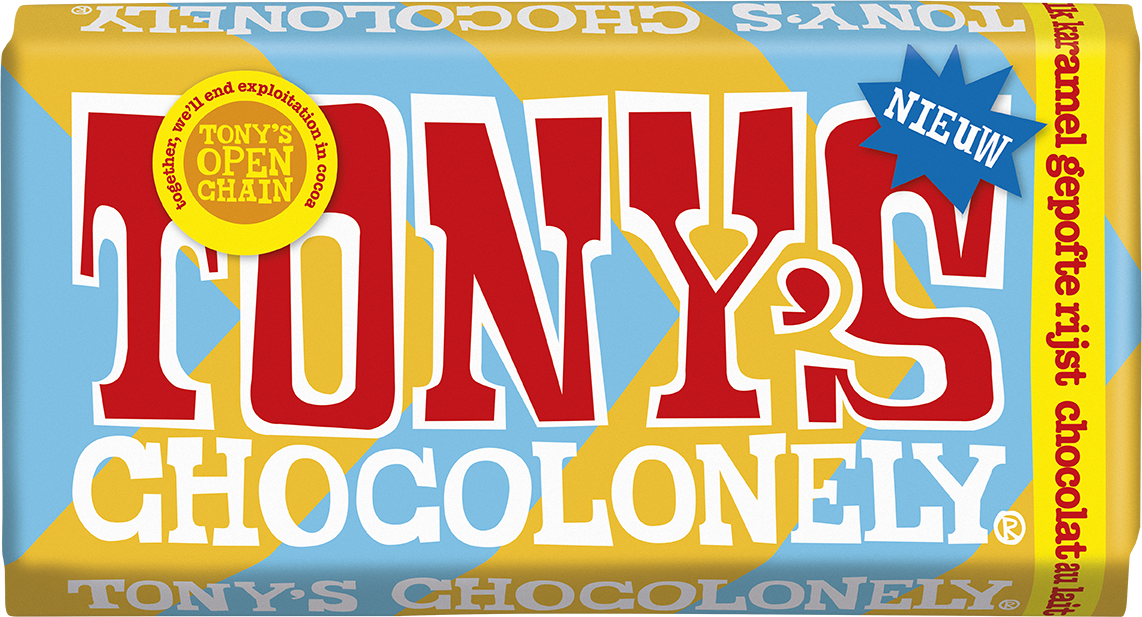 Tony's Chocolonely reep melk karamel gepofte rijst, voorkant van de verpakking