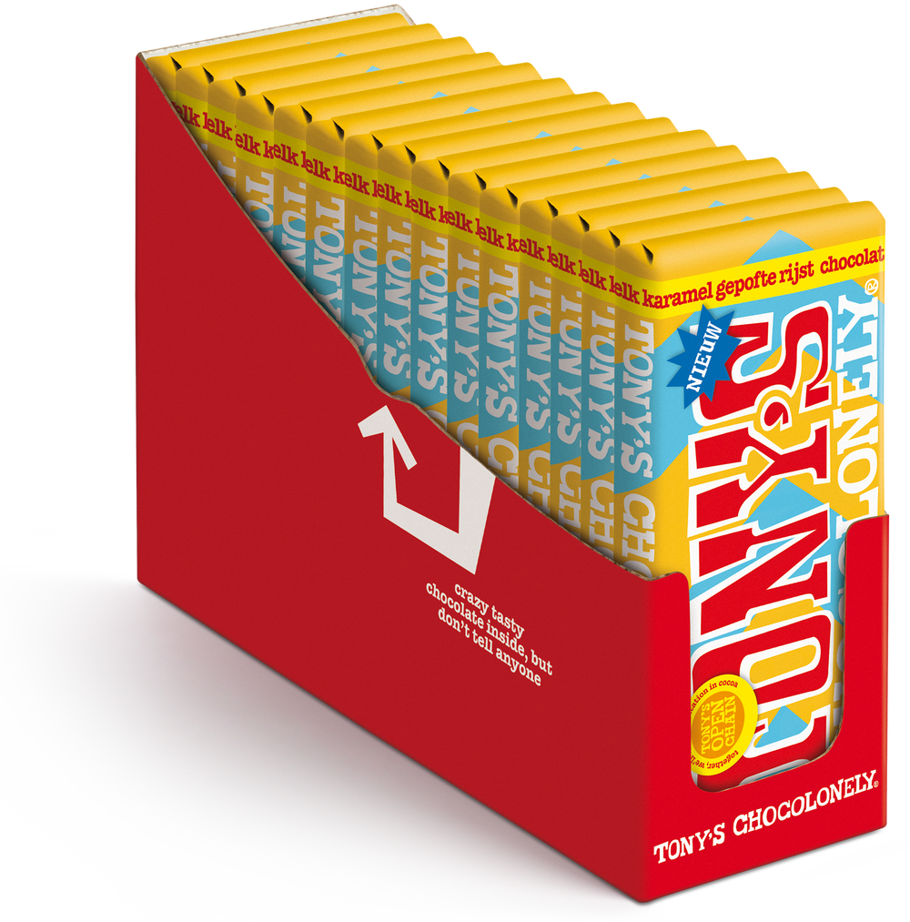 Tony's Chocolonely reep melk karamel gepofte rijst, geopende verpakking