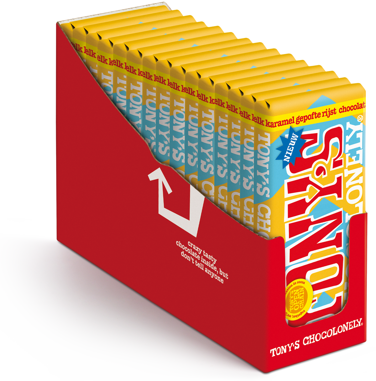 Tony's Chocolonely reep melk karamel gepofte rijst, geopende verpakking