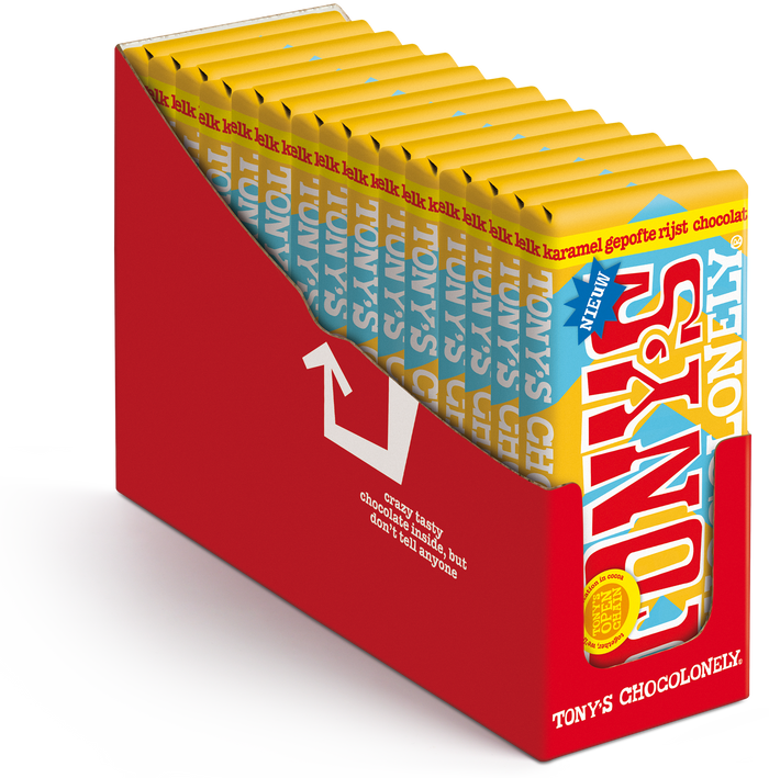 Tony's Chocolonely reep melk karamel gepofte rijst (180 gram), doos van 15 repen