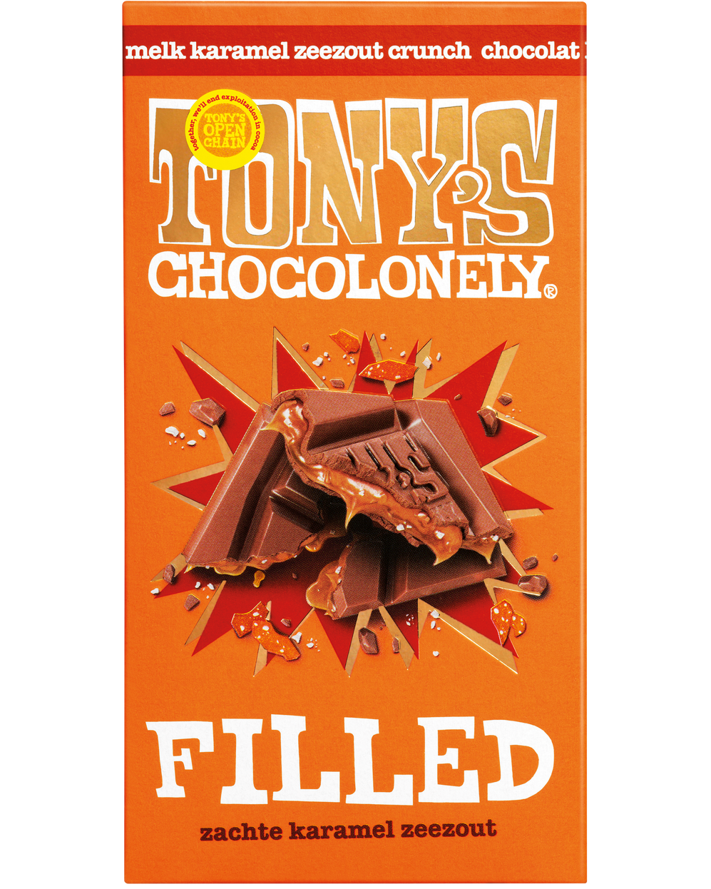 Tony's Chocolonely Filled karamel zeezout, voorkant van de verpakking