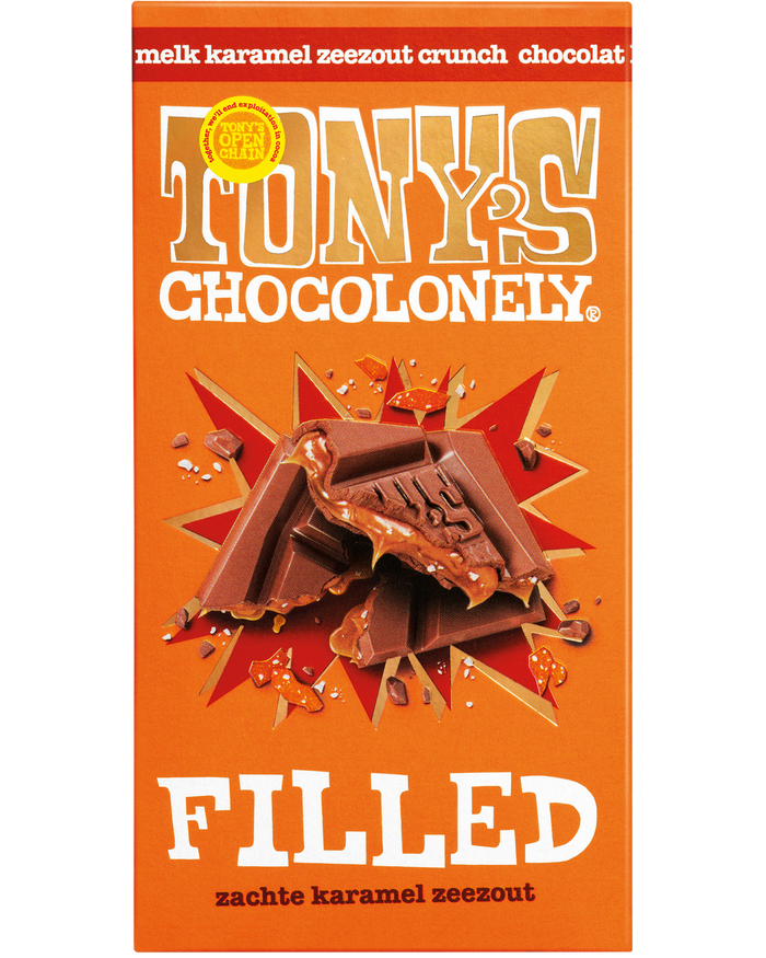 Tony's Chocolonely Filled karamel zeezout (135 gram), doos van 15 repen