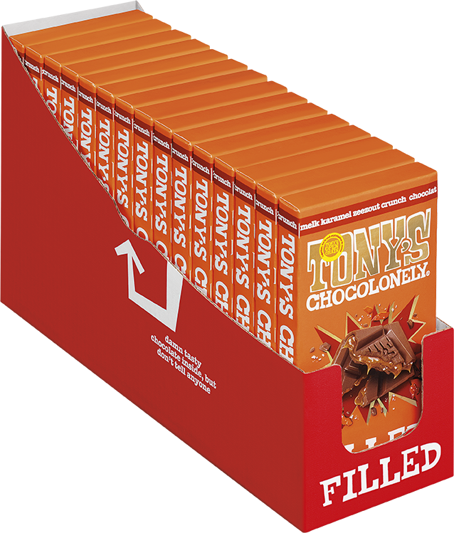 Geopende doos met repen Tony's Chocolonely Filled karamel zeezout