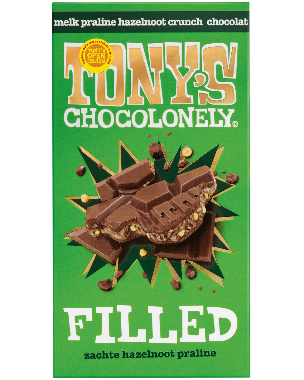 Tony's Chocolonely Filled hazelnoot praliné, voorkant van de verpakking