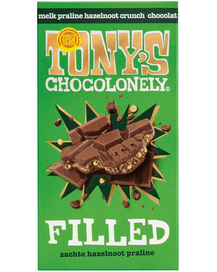 Tony's Chocolonely Filled hazelnoot praliné (127 gram), doos van 15 repen