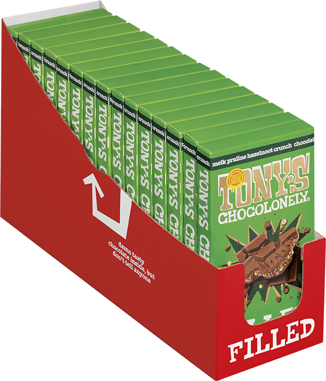 Geopende doos met repen Tony's Chocolonely Filled hazelnoot praliné