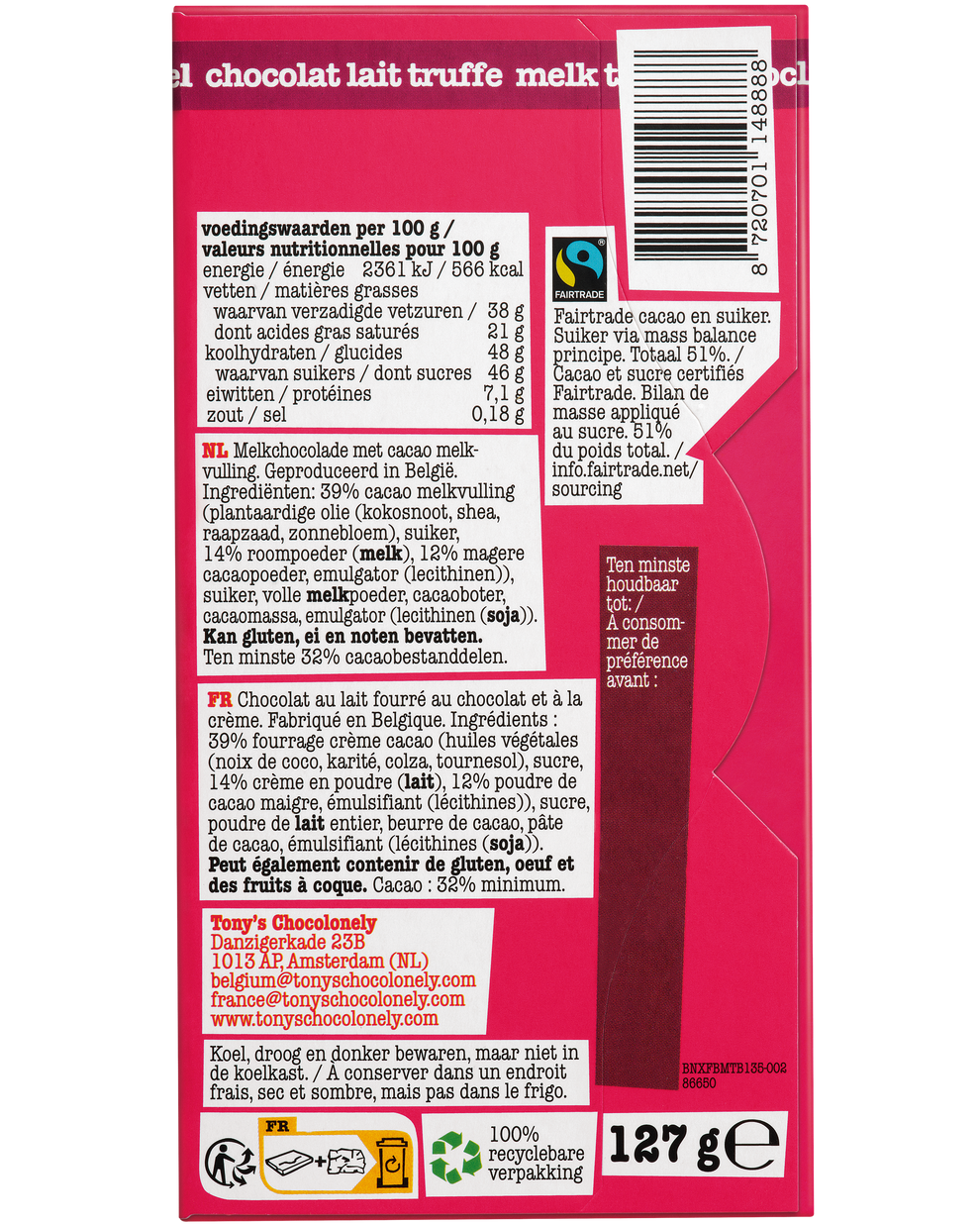 Achterkant van de verpakking van Tony's Chocolonely Filled zachte truffel