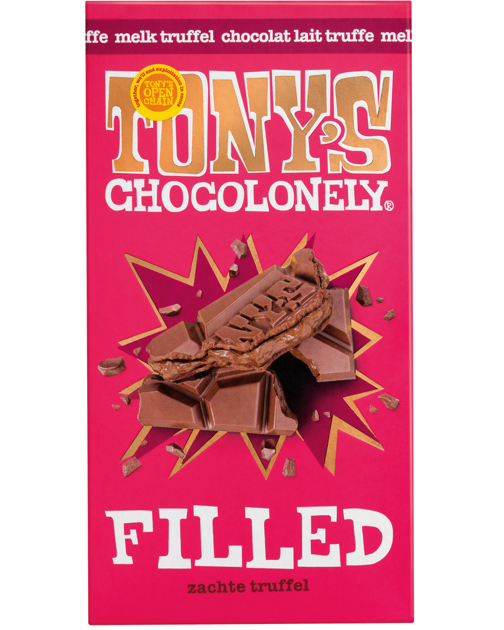 Tony's Chocolonely Filled zachte truffel, voorkant van de verpakking