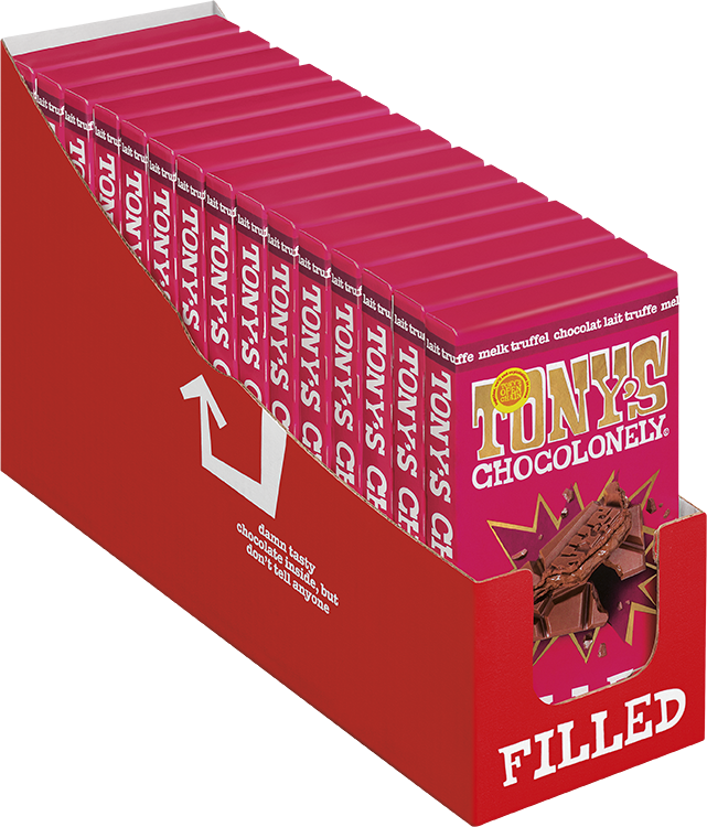Geopende doos met repen Tony's Chocolonely Filled zachte truffel