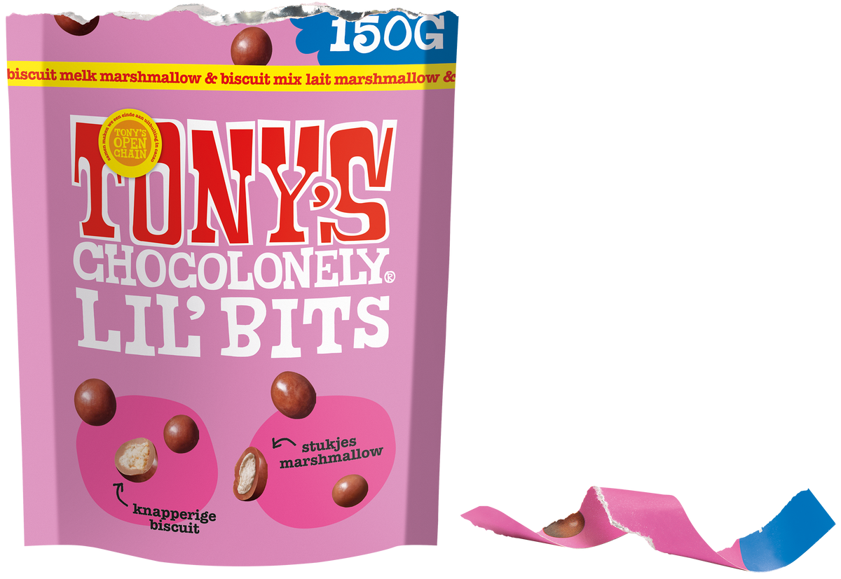 Tony's Chocolonely Lil' Bits melk marshmallow en biscuit, geopende verpakking
